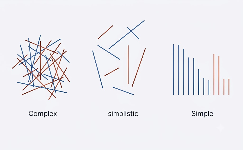 Complex information appears disorganised; simplistic information removes elements but remains unclear; simple information preserves the necessary elements in a clear structure.